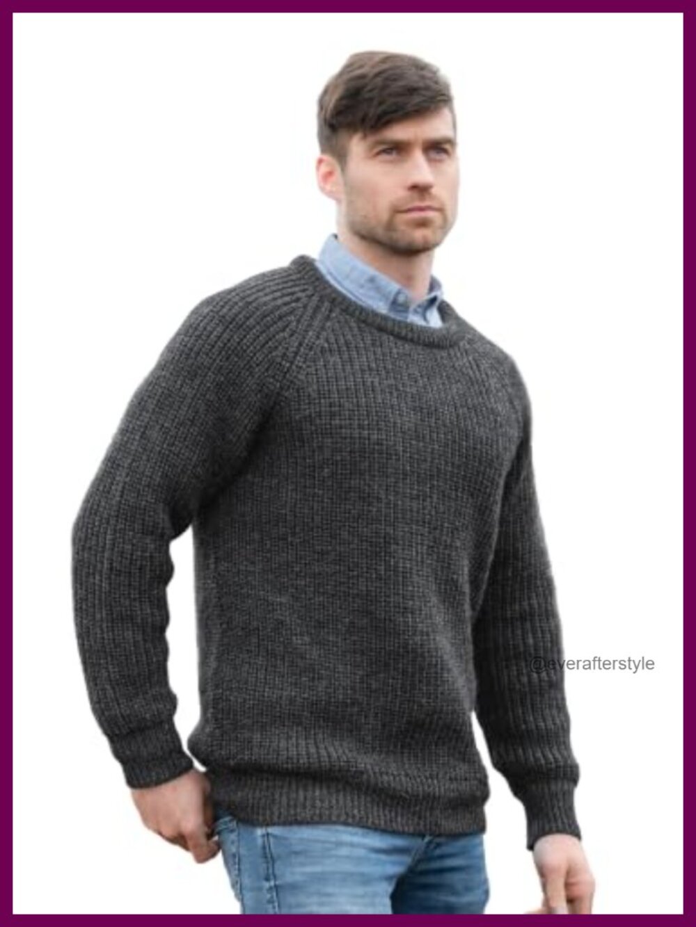 Irish Fisherman Rib Stitch 100% Pure Wool Crew Neck Pullover Sweater